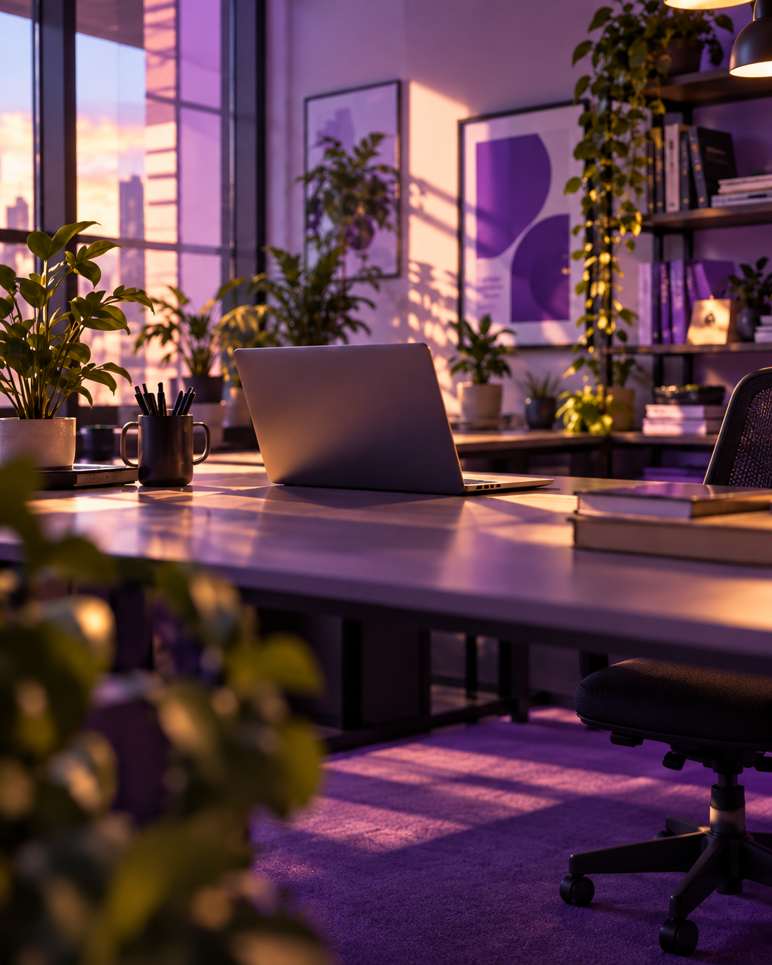 Escritório criativo com iluminação roxa, plantas e mesa de trabalho